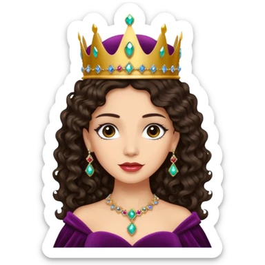 Queen with long dark curly hair, dark brown eyes, light olive skin tone. can you make the skin tone lighter? sticker