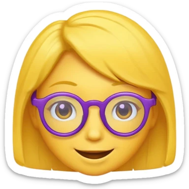 un emojis amarillo, con el cabello corto y lacio, con lentes violeta y una sonrisa sticker