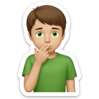 fair skin brown haired boy picking his nose green t shirt sticker