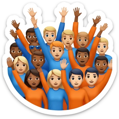 A cheering crowd within a circle of shades of orange and blue sticker