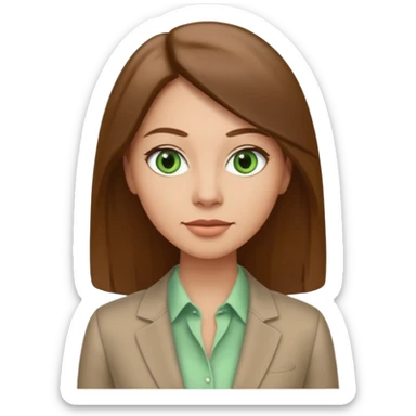 Adult woman avatar, light skin tone, oval face, straight long brown hair, green eyes, neutral mouth, business casual  sticker