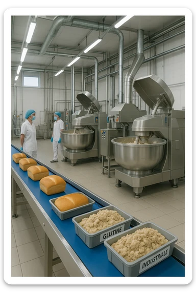 a modern food processing factory interior, with large stainless steel machines mixing and kneading dough. In the foreground, a conveyor belt carries loaves of bread and trays of raw gluten, labeled “Glutine industriale” Workers in uniforms and hairnets monitor the process. The atmosphere is clean, efficient, and slightly clinical. sticker