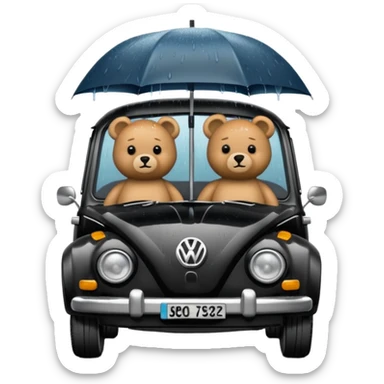 Two teddy bears in black Volkswagen in the rain sticker