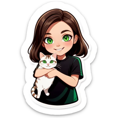 brunette white girl green eyes holding a dark brown white tabby cat smiling sticker