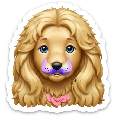 Long, straight, blonde hair, blue eyed woman.   Wavy, blonde goldendoodle sticker