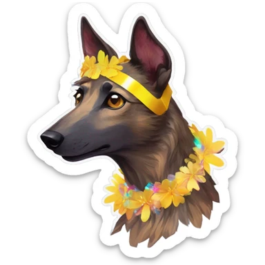  brindle brown black maroon gold lurcher Alsatian fox running blue eyes and iridescent holographic oilslick harness wearing paper iridescent tropical flower crown yellow caution tape sticker