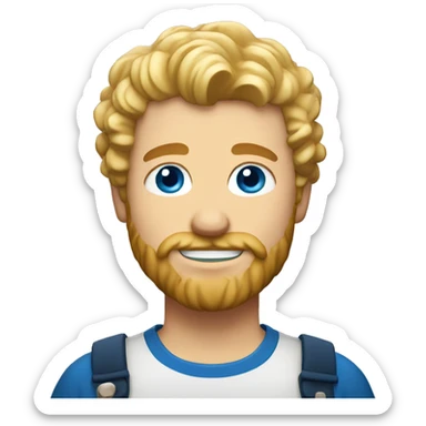 a man with blond curly and short hair, blue eyes, blond beard with a beer sticker
