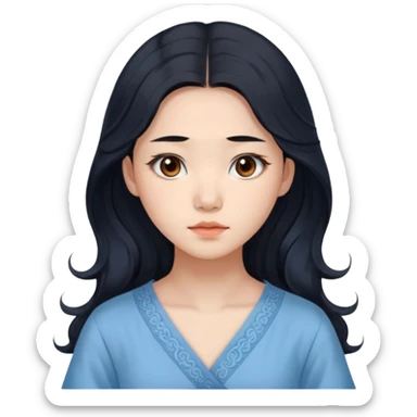 Chinese woman 24 years old, reserved melancholic expression, long wavy black hair, warm brown cautious eyes, pale blue dress sticker