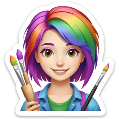 artist-girl with rainbow hair and brushes smiling sticker