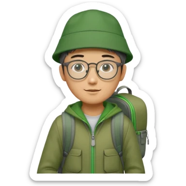 A Korean man with rectangle, frameless glasses, he is skinny and tall, wears a green hat and a green zipper and has a grey backpack and carries a dslr camera  sticker
