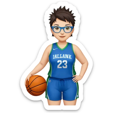 Full Body plus size white female with short dark hair with highlights spike hair wearing blue glasses basketball player wearing blue green uniform smiling sticker