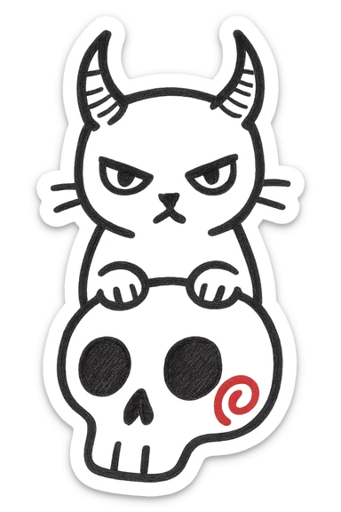 Add a black cat with prominent demon horns, front paws placed on the skull, hand drawn style with sketchy lines, no fill, preserve the red spiral on the cheek, transparent background. sticker