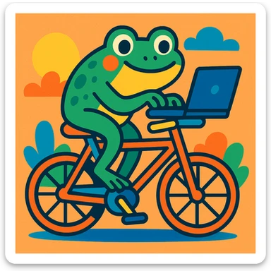 a frog riding a bike and typing on a laptop, cartoon style, colorful and playful illustration sticker