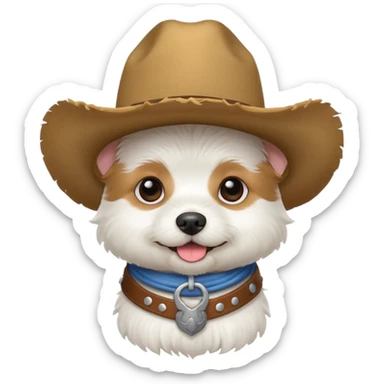 small white dog with a cow boy hat sticker