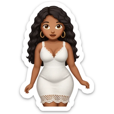Curvy woman with brown skin with long wavy black hair, brown eyes. She's wearing a white crotchet dress  sticker
