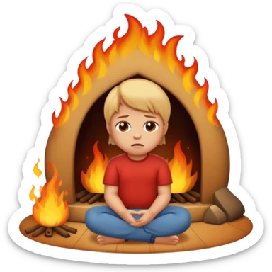 apple style emoji of a small child sitting on the floor, fire nearby, sad face sticker