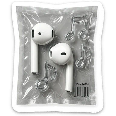 pair of white EarPods with three floating glass music notes in transparent crystal style, shiny and puffy sticker
