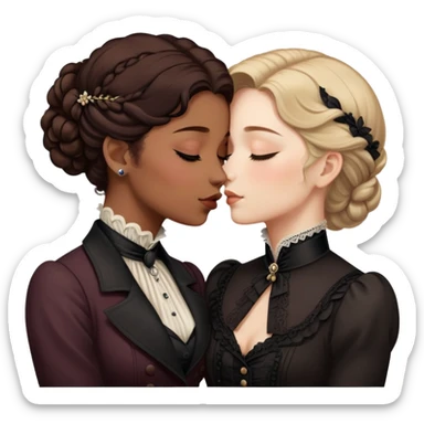 Victorian era lesbian couple kissing tenderly, eyes closed, different hair colors, wearing elegant dark period clothing sticker