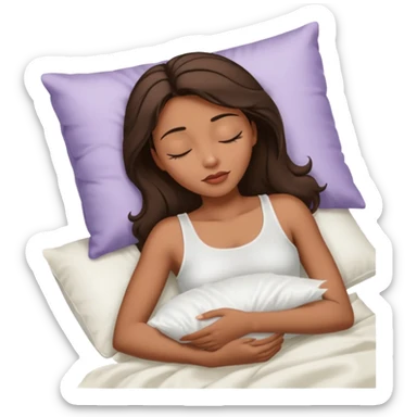 sleeping beauty african american woman with dark brown hair with a white silk pillow, she is sleeping on her side, she is wearing a white tank top sticker