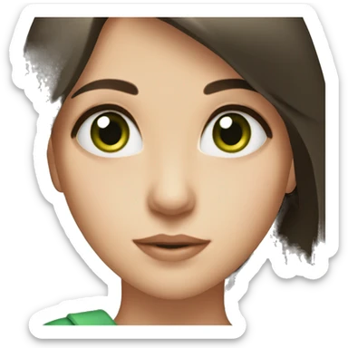 A brunette girl with fair skin and dark green eyes shows a heart sticker