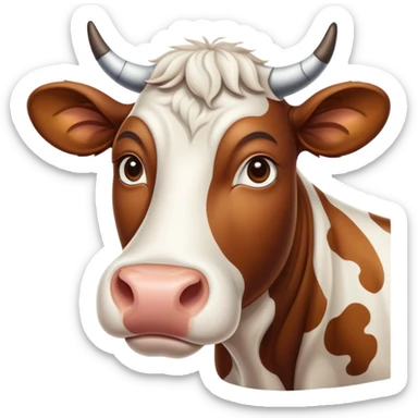 Cinematic Noble Brown and White Cow Portrait Emoji, Poised and regal, with a large, sturdy build and a beautifully patterned hide of rich brown accented by crisp white patches, deep-set soulful brown eyes, Simplified yet sharp and sophisticated features, highly detailed, glowing with a soft, dignified glow, high shine, intelligent and calm, stylized with an air of pastoral majesty, focused and attentive, soft glowing outline, capturing the essence of a watchful and confident bovine guardian, so majestic it feels as though it could amble out of the screen with effortless authority! sticker