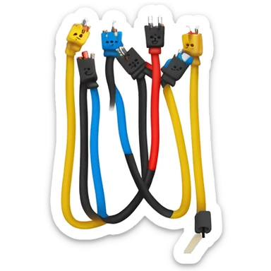  cable electrique, noir cassé, légèrement courbé. Fils : Trois fils colorés (rouge, bleu, jaune) sortent du câble. Effets : Étincelles ou éclairs subtils autour des fils pour suggérer de l'électricité.  sticker
