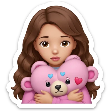girl with long wavy brown hair, brown eyes, light to medium complexion, in a pink shirt, pink lips, long lashes, sad, hugging squeezing  a teddy bear with hearts sticker
