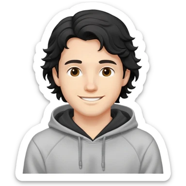 smiling young white male, black wavy hair, wearing a hoodie sticker