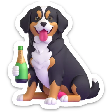 bernese mountain dog with a toy champagne bottle in its mouth, playful pose sticker