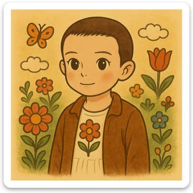 Variation of Eleven from Stranger Things, from the waist up, inspired by coloring drawings of Bobbie Goods and Cuzy, in Ghibli style, square format 1:1. sticker