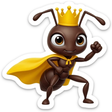 Ant with yellow crown doing superhero pose, smaller, more simple, disney style, cute eye, without cape sticker