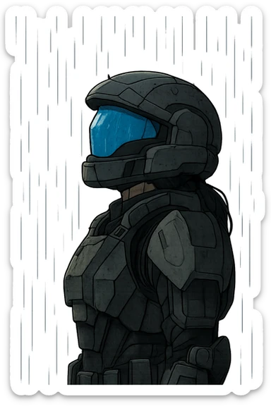 A female odst, blue full face visor, right shoulder profile, helmet on, looking up to the sky, the sky is pouring rain, midnight shadows sticker