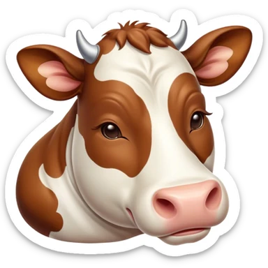 Meme-Worthy Cute Sleeping Brown and White Cow Portrait Emoji, Head resting peacefully with a contented smile, showcasing a robust build and a luxuriously soft patterned hide of brown and white, eyes shut in a serene, restful nap, Simplified yet hilariously adorable features, highly detailed, glowing with a soft, drowsy light, high shine, relaxed and utterly lovable, stylized with an air of playful laziness, bright and heartwarming, soft glowing outline, capturing the essence of a comically sleepy cow, so meme-worthy it feels like it could instantly become the next viral sensation of adorable slumber! sticker
