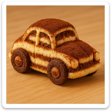 miniature car sculpted from tiramisu, visible layers, dessert-themed, fun and edible look, whimsical and appetizing sticker