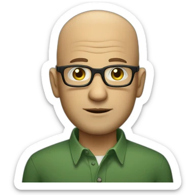 mid aged jewish man with shaved head in rectangular black glasses and green button up shirt sticker