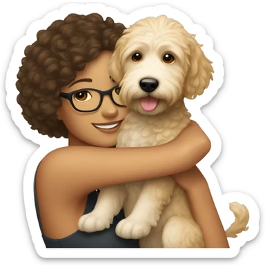 Short hair Girl with glasses hugging goldendoodle sticker