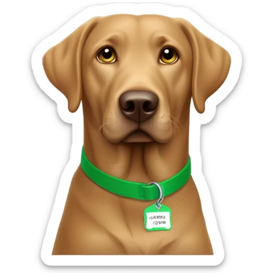 Light brown chocolate Labrador wearing green collar looking straight with name tag CHIP sticker