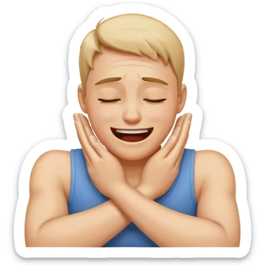 Crying laughing arms crossed holding neck sticker