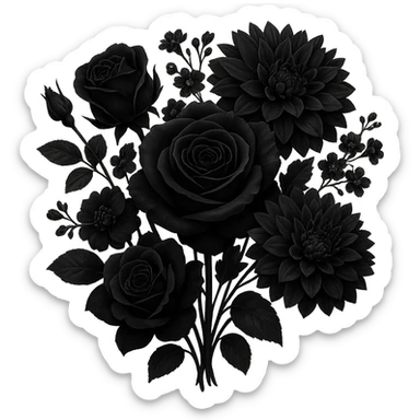 Create an elegant gothic style bouquet of black flowers with no background. The bouquet should have a dark, sophisticated, and gothic aesthetic, emphasizing the black color and elegance of the flowers. sticker