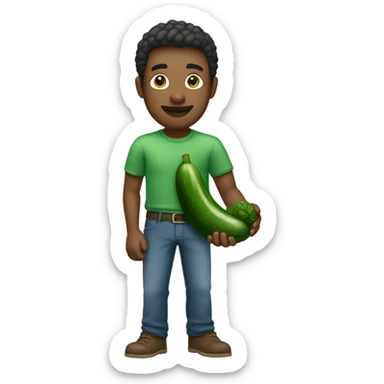Man in green shirt holding cucumber sticker