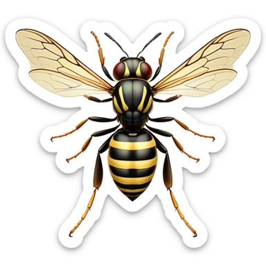 Beautiful and Majestic Wasp Portrait Emoji, Head and body rendered in serene repose with a gentle, confident smile, showcasing a refined, streamlined form with delicately patterned stripes and softly closed, focused eyes, Simplified yet exquisitely endearing features, highly detailed, glowing with a soft, drowsy radiance, high shine, relaxed and utterly noble, stylized with an air of regal insect elegance, soft glowing outline, capturing the essence of a beautiful and majestic wasp that embodies the refined power of nature! sticker