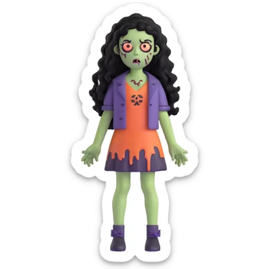girl zombie with black long curly hair, emo style sticker