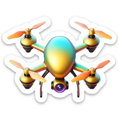 Futuristic colorful drone emoji, metallic body, glowing LED lights, 3D shiny style, high detail, transparent background. sticker