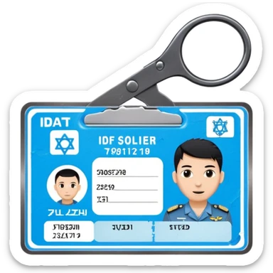 black Scissors cutting a light blue idf soldier ID card in 2 parts .hyper realistic sticker
