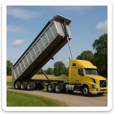 long silver end dump trailer hooked to a Volvo yellow semi sleeper truck, trailer in dump position, photorealistic daytime country scene with fields, trees, and a quiet road sticker