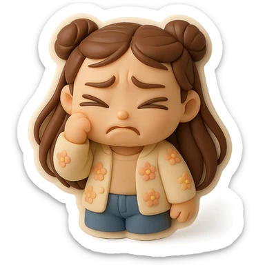 3D chibi fondant cake art style, high-quality rendering with smooth shadows and soft gradients. Girl based on reference image (preserve facial features), long brown hair in two space buns, brown eyes, jeans, pastel floral cardigan, thick white outline like a sticker, transparent background. Closing her eyes in fear. Make sure her appearance matches previous stickers. sticker