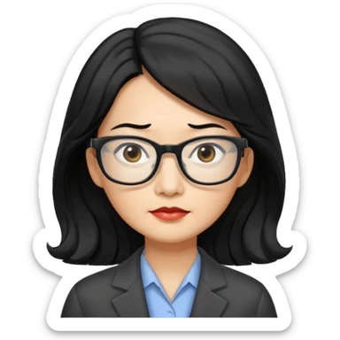 serious middle-aged Asian woman, long wavy hair, small rectangular metal glasses, manager sticker