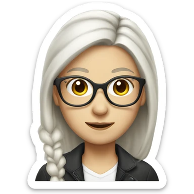 white female, long white hair with pony tail and glasses sticker
