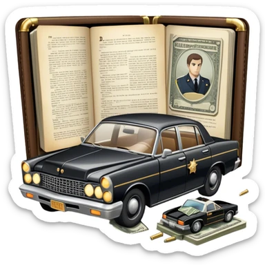 Icon for Action & Crime Reading: an open book with dramatic crime scenes—bullet holes on pages, a detective badge, a revolver, and a getaway car. Surrounding elements include a briefcase with cash and a flickering streetlight. Transparent background. sticker
