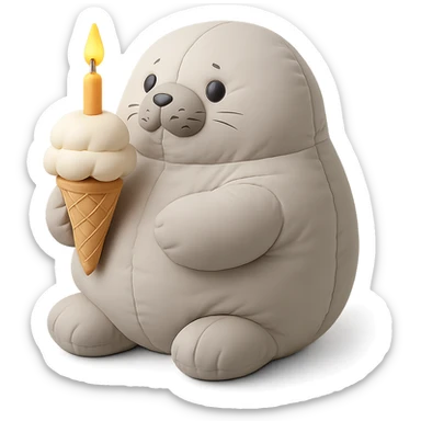 chubby seal holding ice cream cone with candle, cushion style sticker